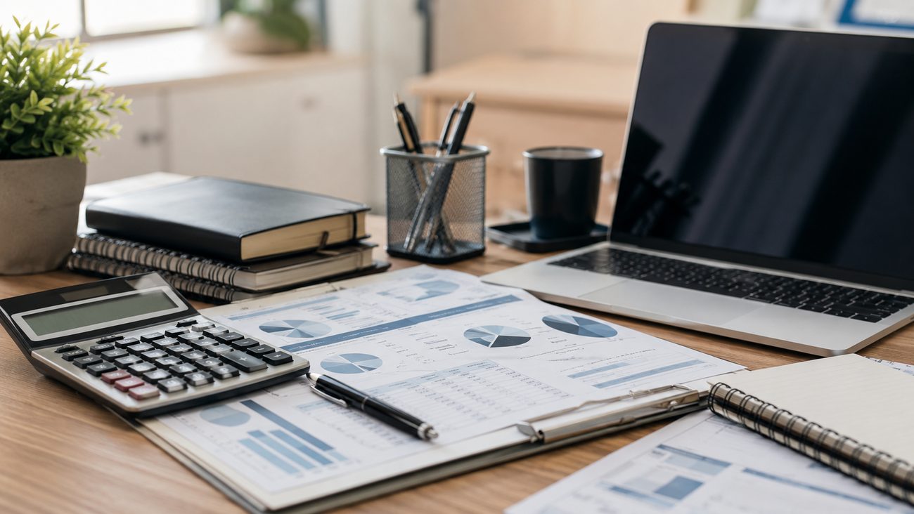 Accounting desk with reports and calculator