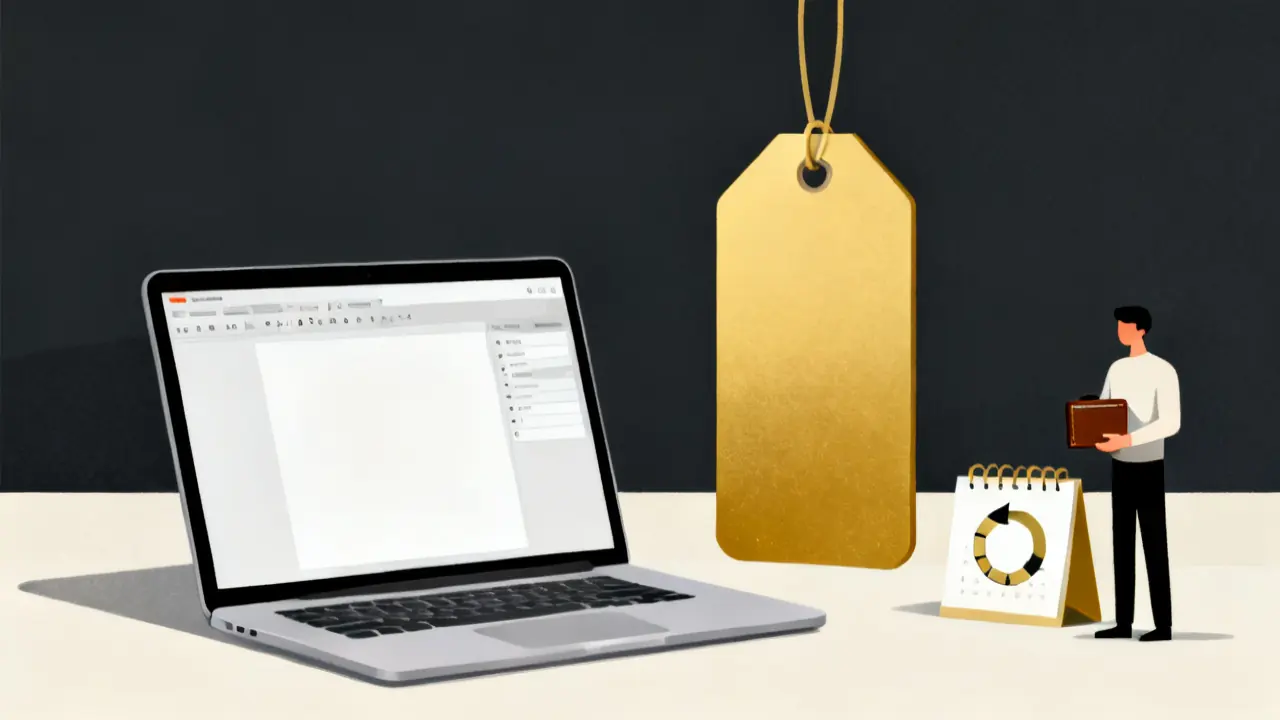 Illustration of a laptop course editor beside a gold price tag, showing articulate storyline 360 pricing per year