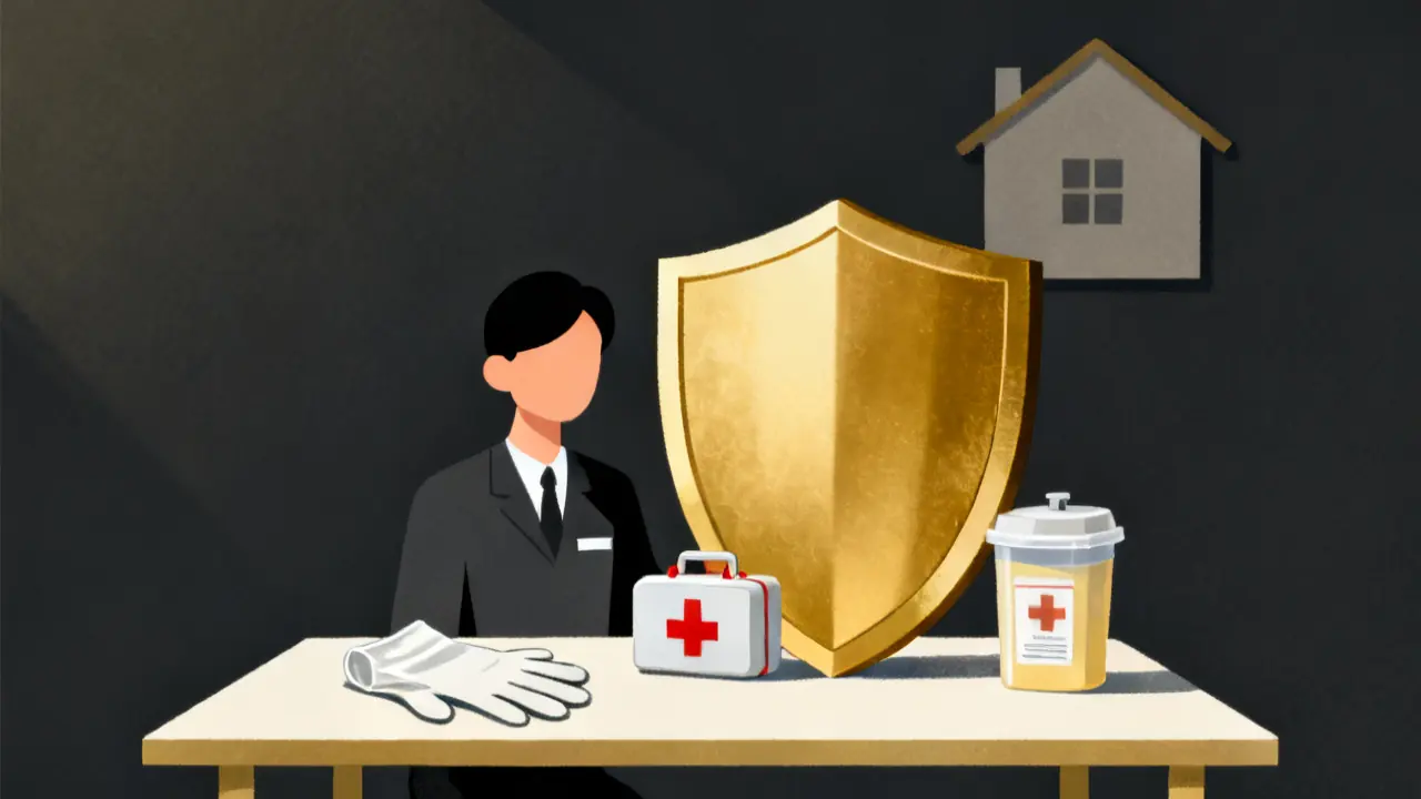Illustration of a trainer, gloves and a shield, for bloodborne pathogens training for home health aides