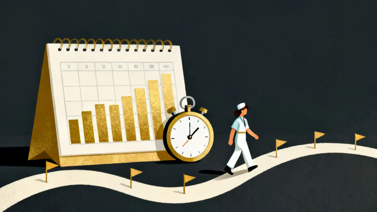 How long the Care Certificate takes, week by week A calendar and a path with flags showing how long the care certificate standards take to finish