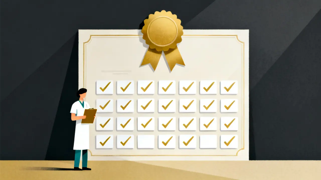 Illustration of a grid of ticked cards beside a ribbon certificate, showing the care certificate standards for new staff
