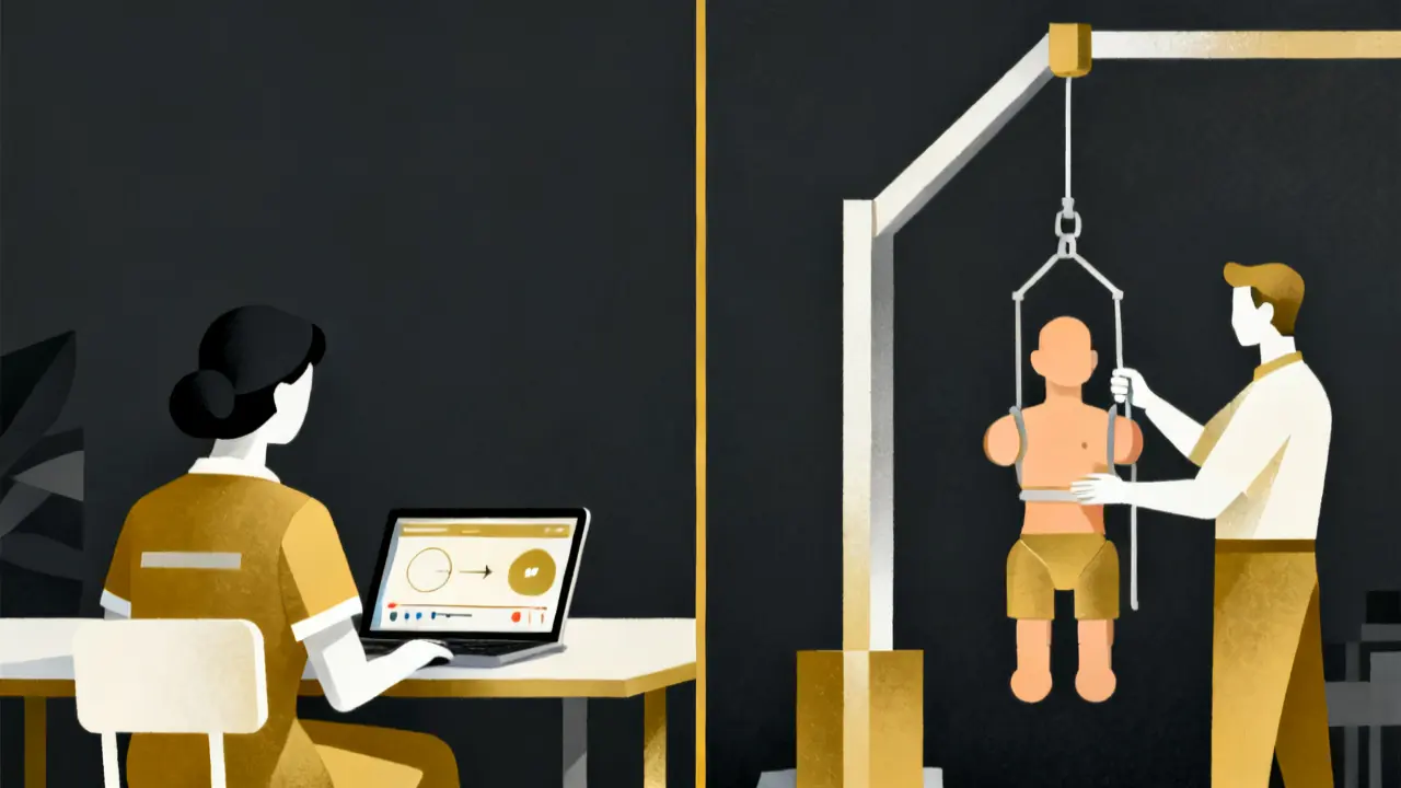 Illustration of online care training on a laptop on one side and hands-on practice with a trainer on the other