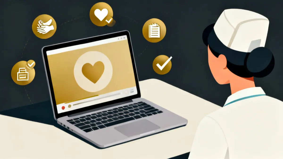 A laptop course with ticked topic icons for hand washing and safety, the part of online care training that fits a screen