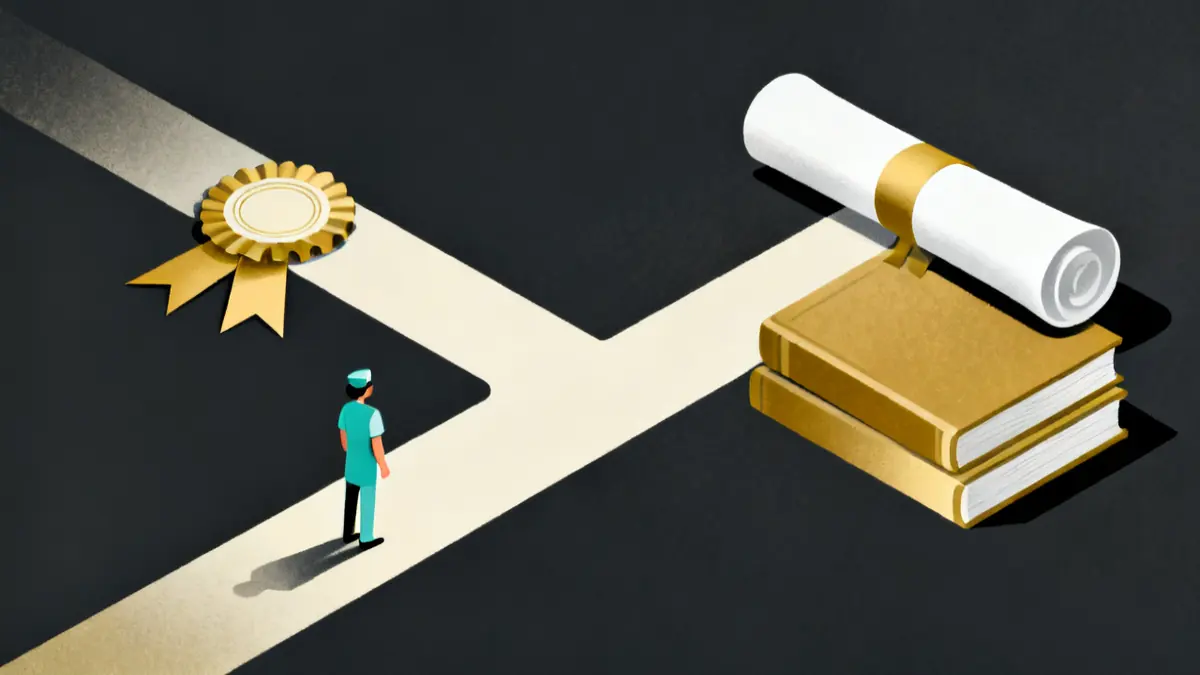A path that splits to a ribbon certificate or a diploma scroll, showing the two care worker qualifications side by side