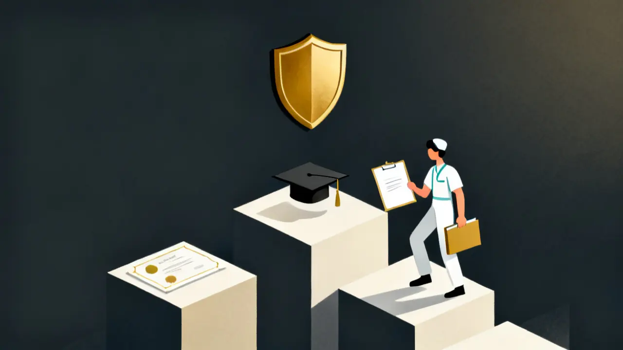 Illustration of a care worker climbing steps that hold a certificate, a folder and a cap, for care worker qualifications