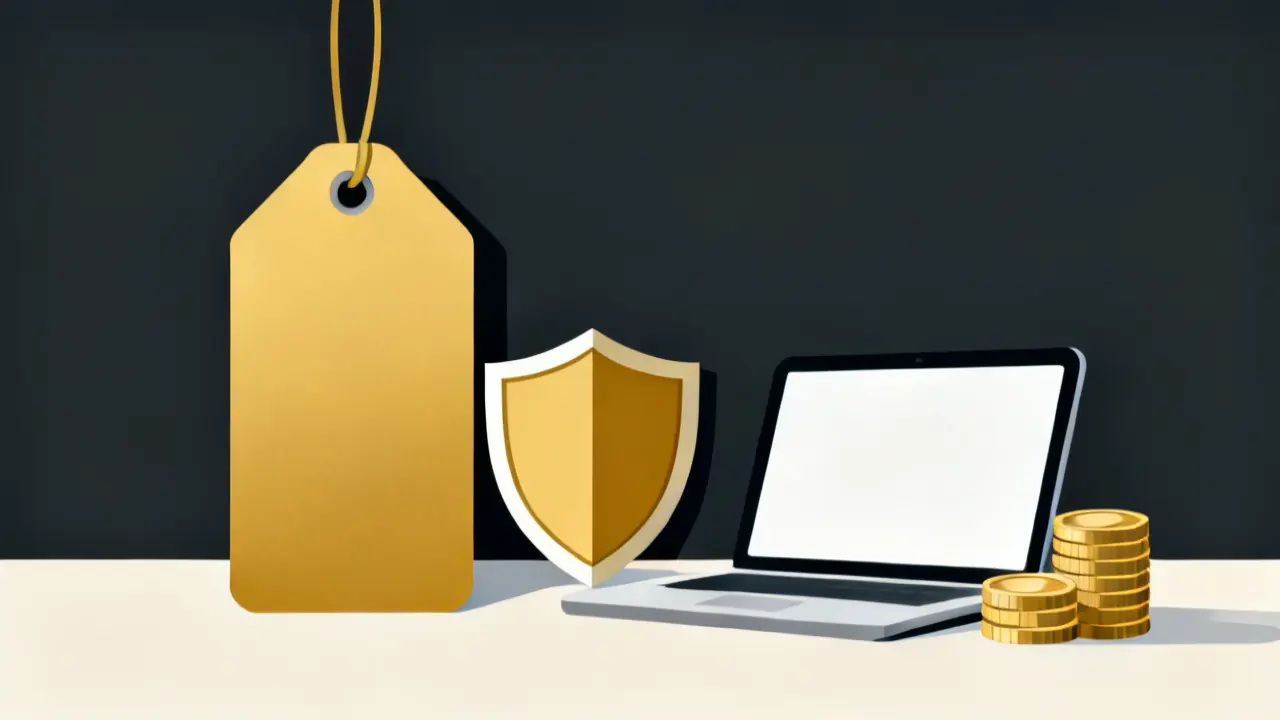 Illustration of a price tag, a stack of coins and a laptop course, showing compliance training cost for one course