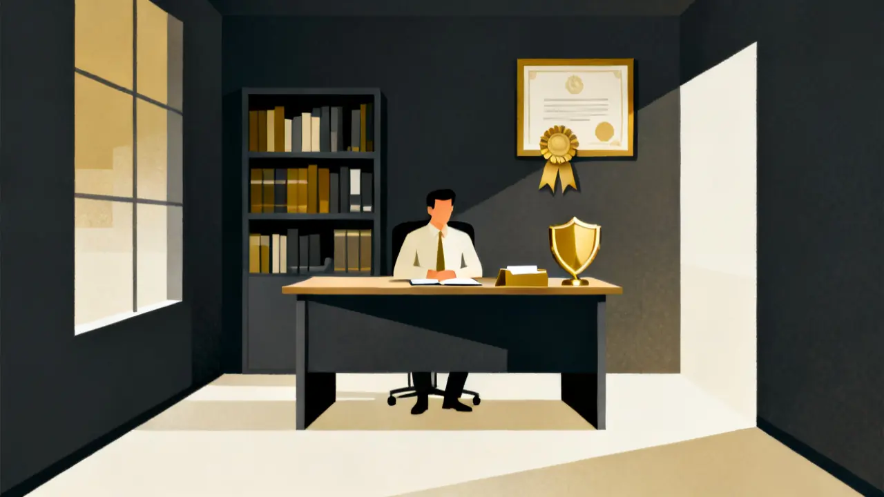 Illustration of a manager at a desk with a shelf of books and a diploma, for registered manager training requirements