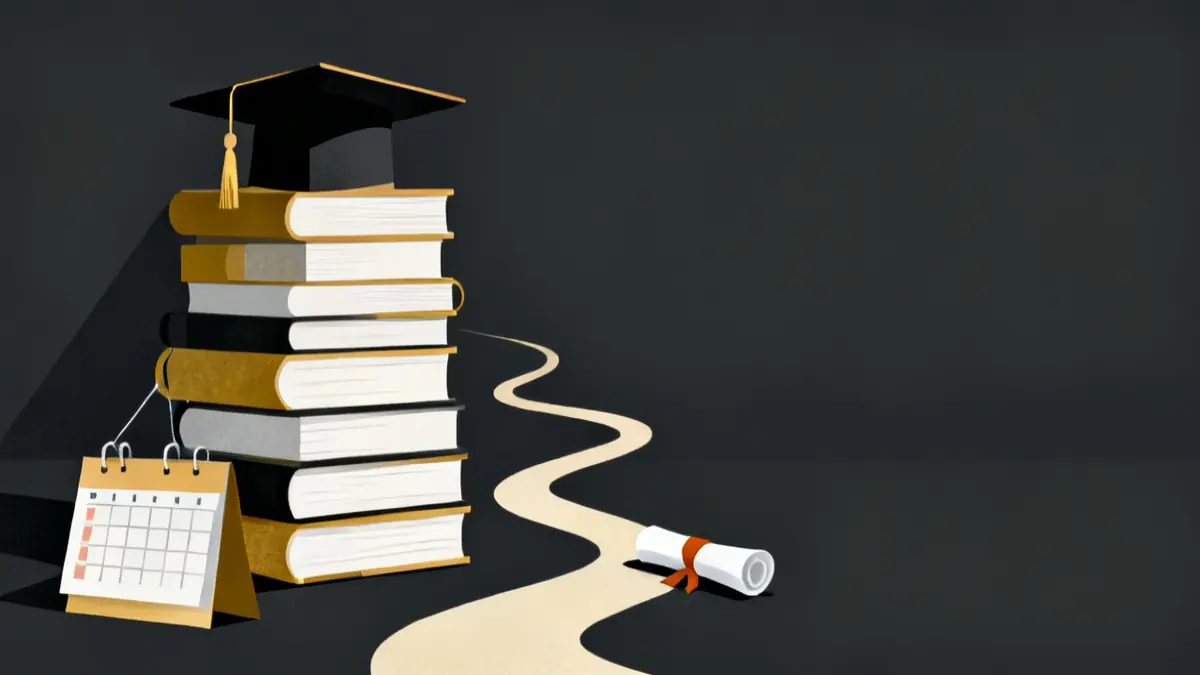 A stack of books with a cap and a winding path to a diploma, the study road in registered manager training requirements