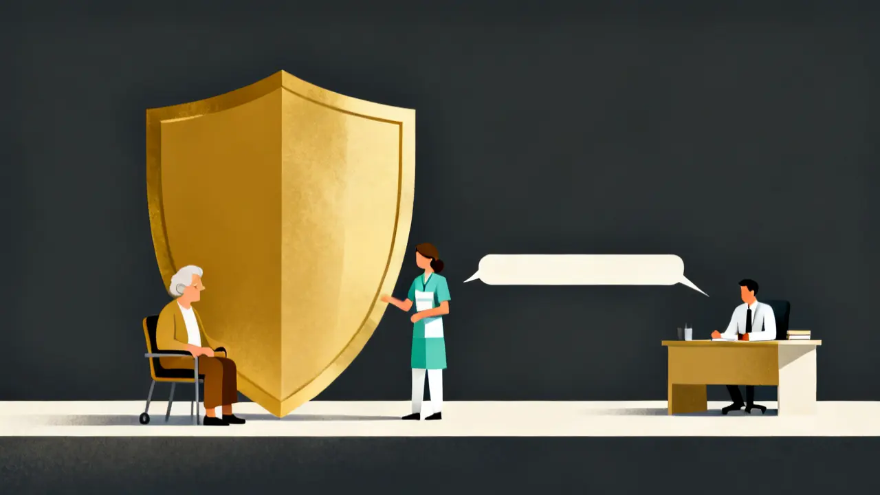 Illustration of a shield protecting a seated person and a care worker, for cqc safeguarding training requirements