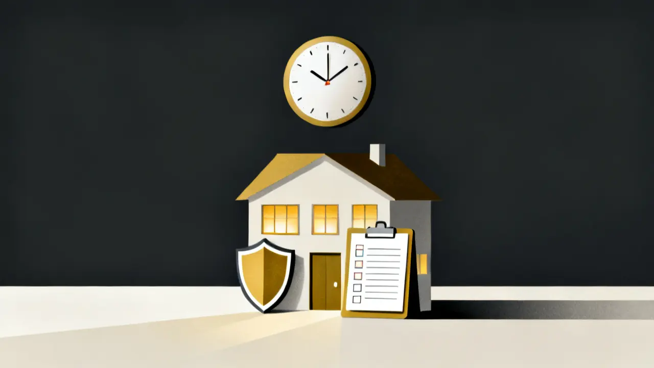 Illustration of a care home with a clock and a checklist folder, for cqc mandatory training requirements