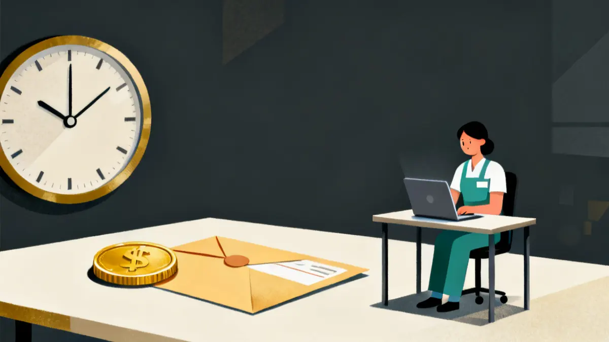 A clock, a coin and a pay envelope beside a care worker at a laptop, on paid time for domiciliary care training requirements
