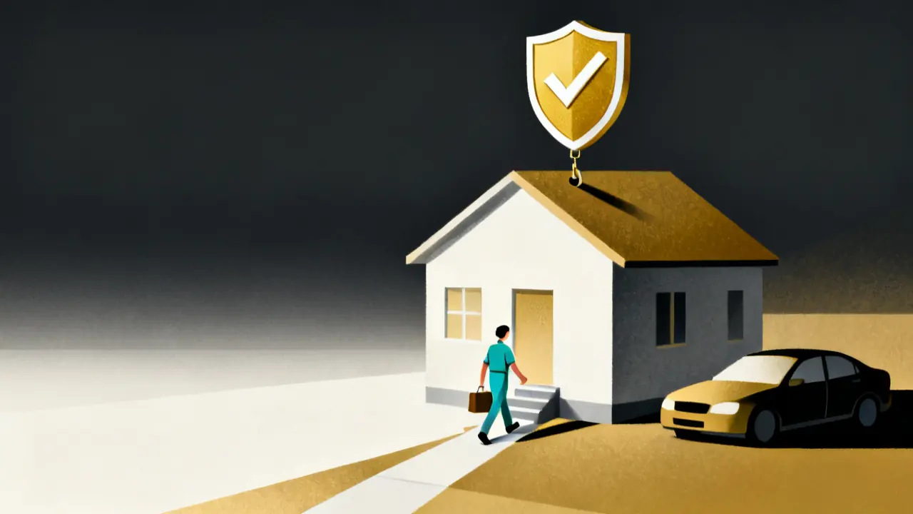 Illustration of a care worker walking to a house with a shield above it, for domiciliary care training requirements