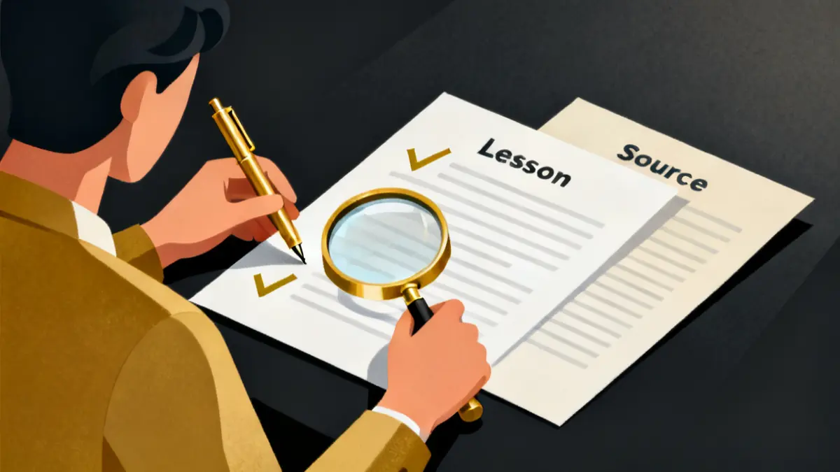 A person checking an AI-written lesson page against a source document, a key step to create a training course with AI