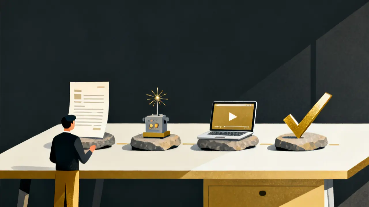 Illustration of how to create a training course with AI, from a source document to a checked course on a laptop