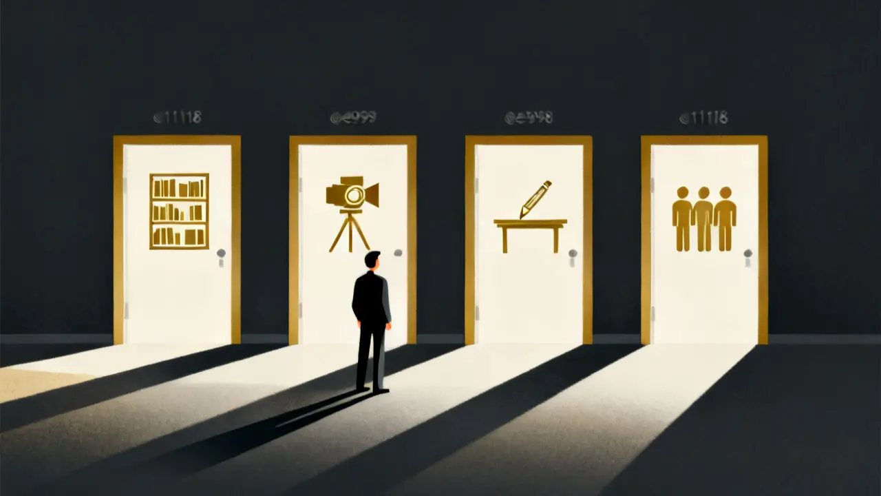 Illustration of a buyer choosing between four doors that stand for different compliance training vendors