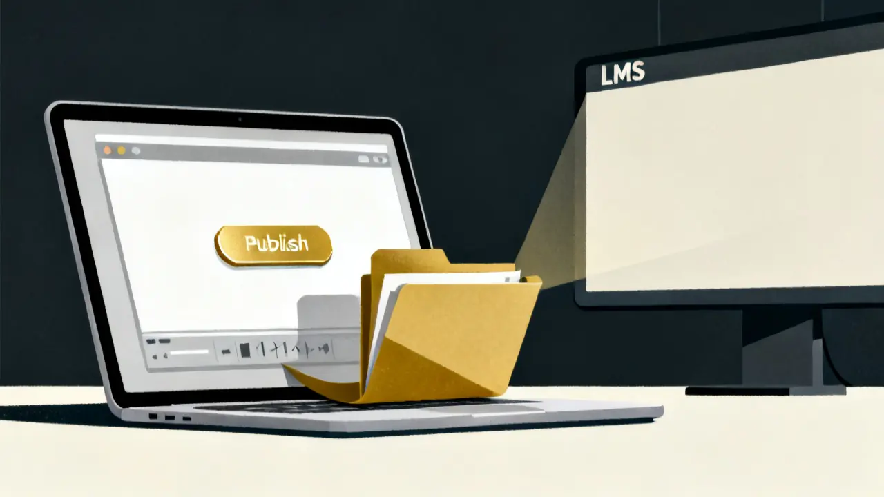 Illustration of a laptop slide editor sending a zip file toward an LMS, to export scorm from storyline 360