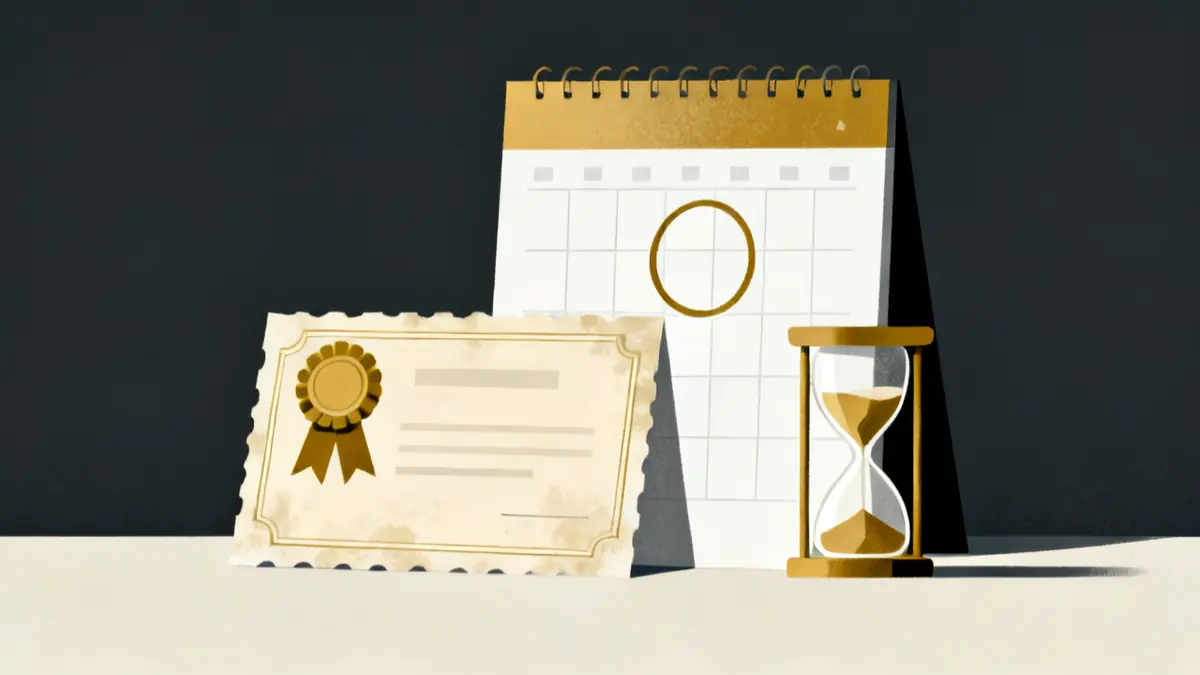 A certificate fading next to a calendar and hourglass, the point where first aid training for care workers runs out