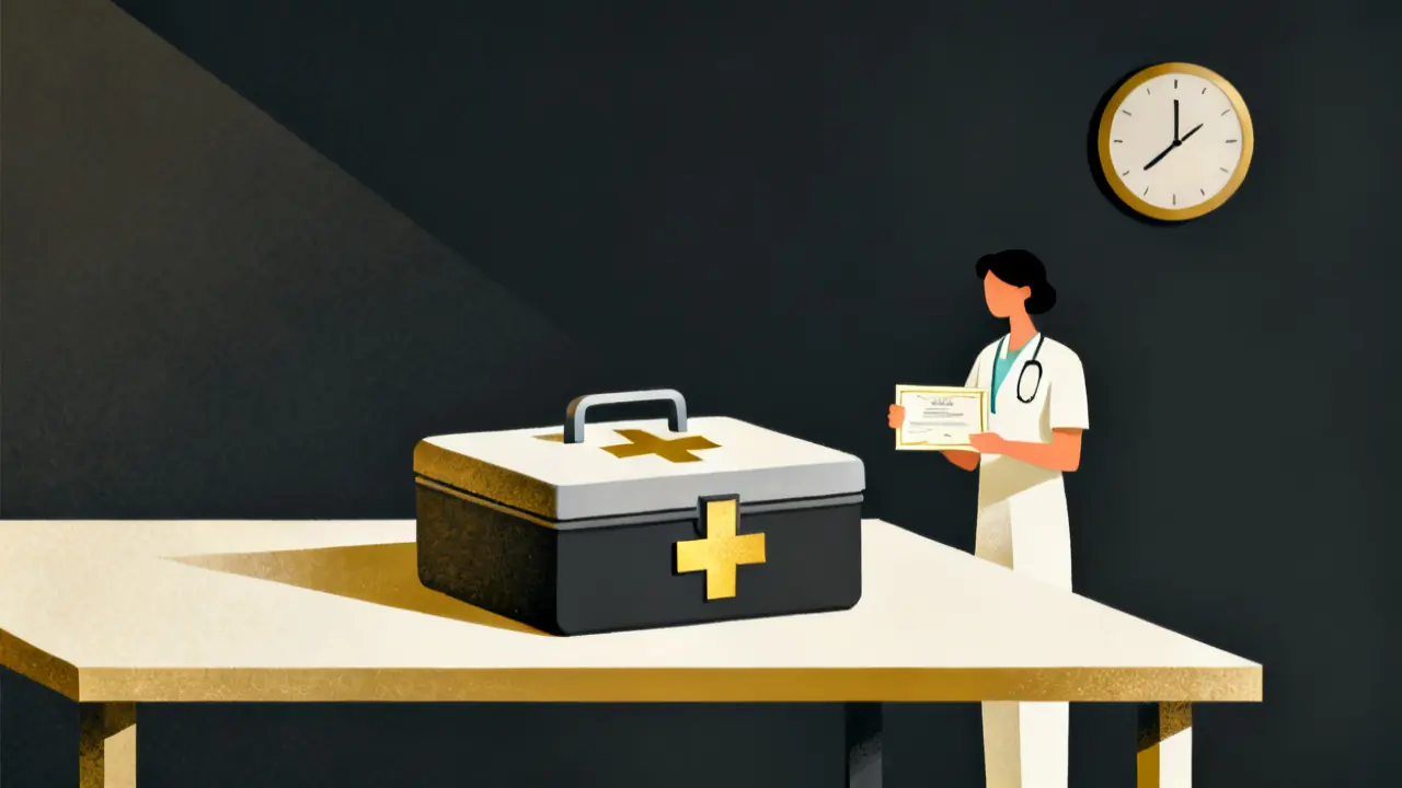 Illustration of a first aid kit, a certificate and a care worker, for first aid training for care workers