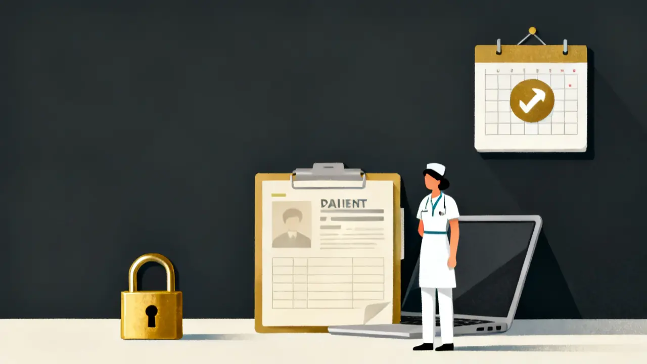 Illustration of a padlock on a records folder beside a laptop and a care worker, for hipaa training requirements