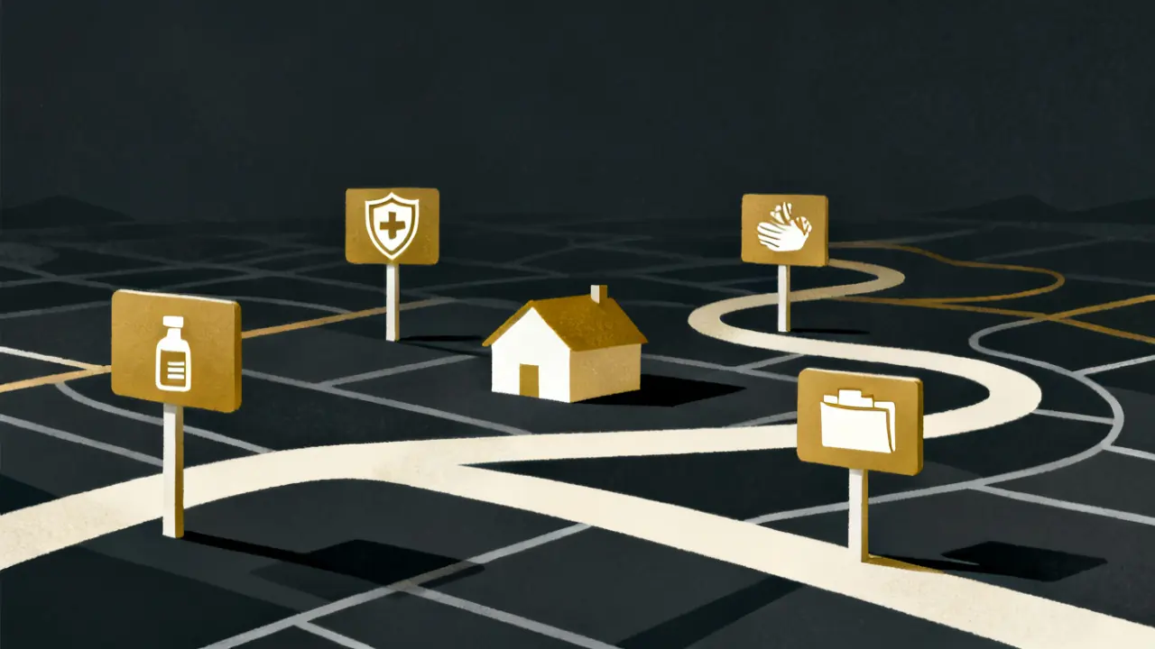 Illustration of a map with a house and signposts to different rules, for home care training requirements