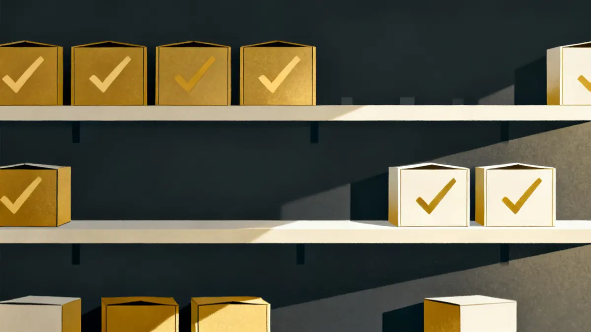 A shelf of ready-made course boxes with some gaps, showing what a catalog covers in home care training requirements