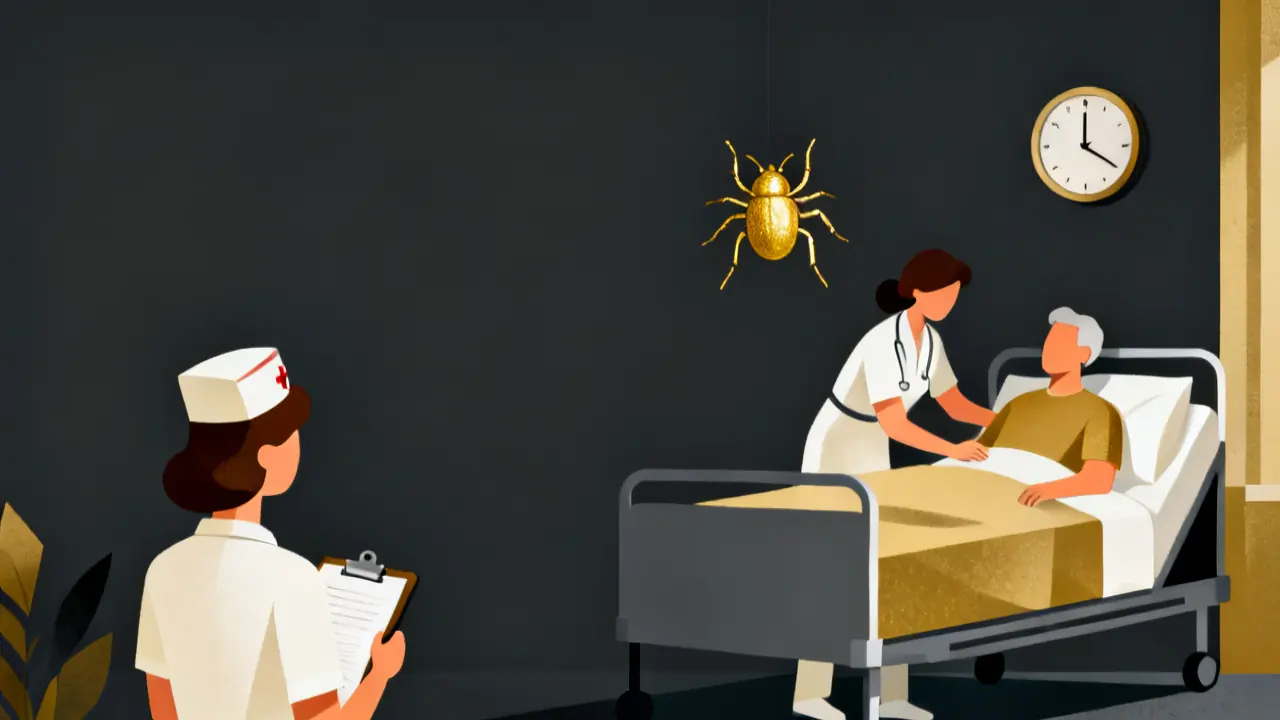 Illustration of a nurse watching an aide help a patient in bed, the skills check in an HHA competency evaluation