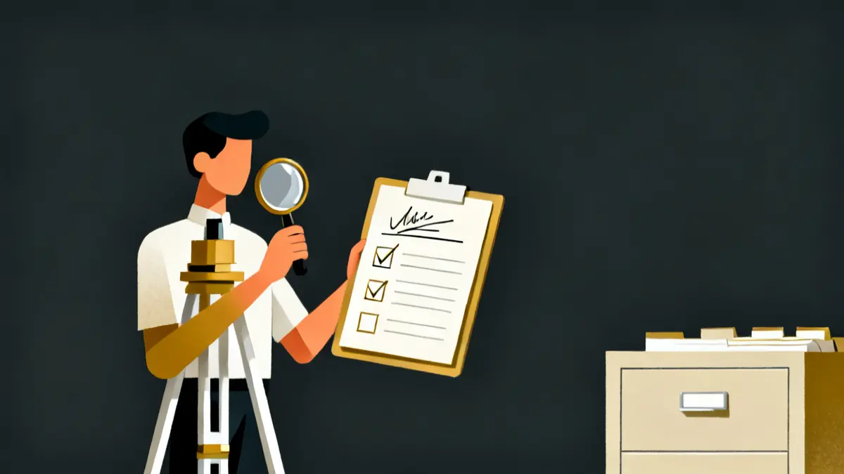 A surveyor reading a signed file with a magnifying glass, the proof an HHA competency evaluation file must show