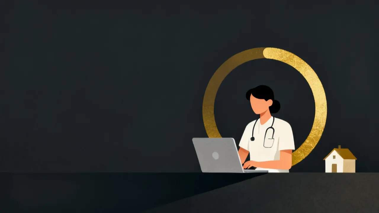 Illustration of a progress ring around an aide at a laptop, for home health aide in-service training requirements