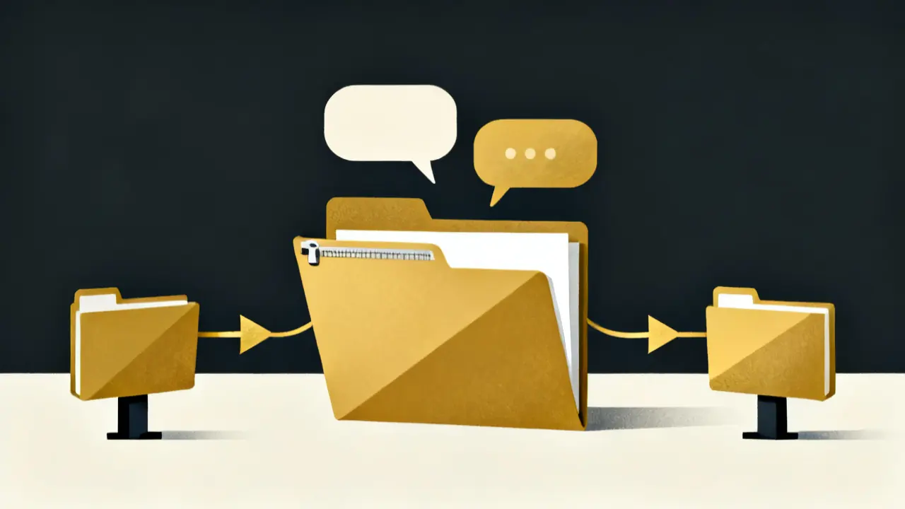 Illustration of a zip folder and its copy joined by arrows and speech bubbles, to translate scorm package files