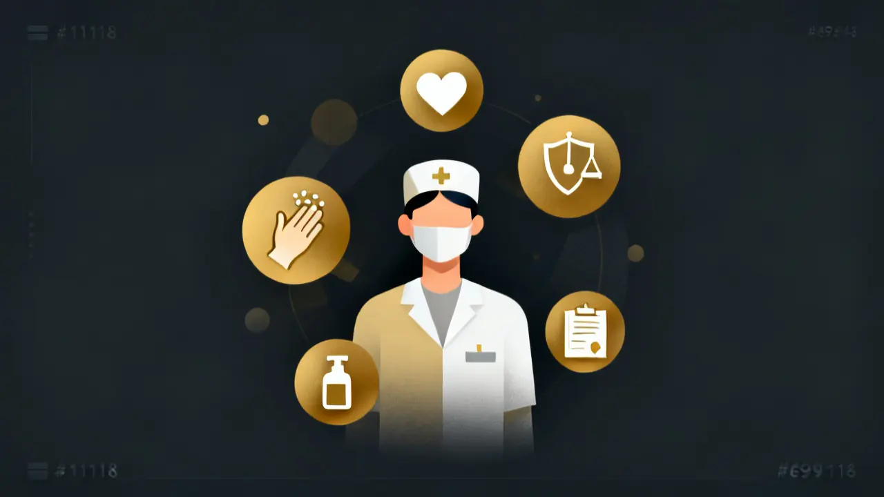 Illustration of a care worker surrounded by icons for hand washing, safety and medicines, mandatory training for care workers