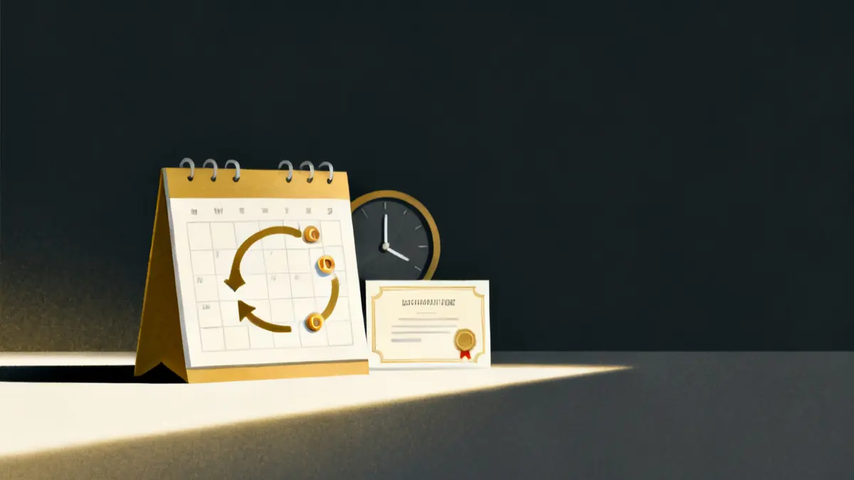 A calendar with circling arrows and a certificate, how often mandatory training for care workers is refreshed
