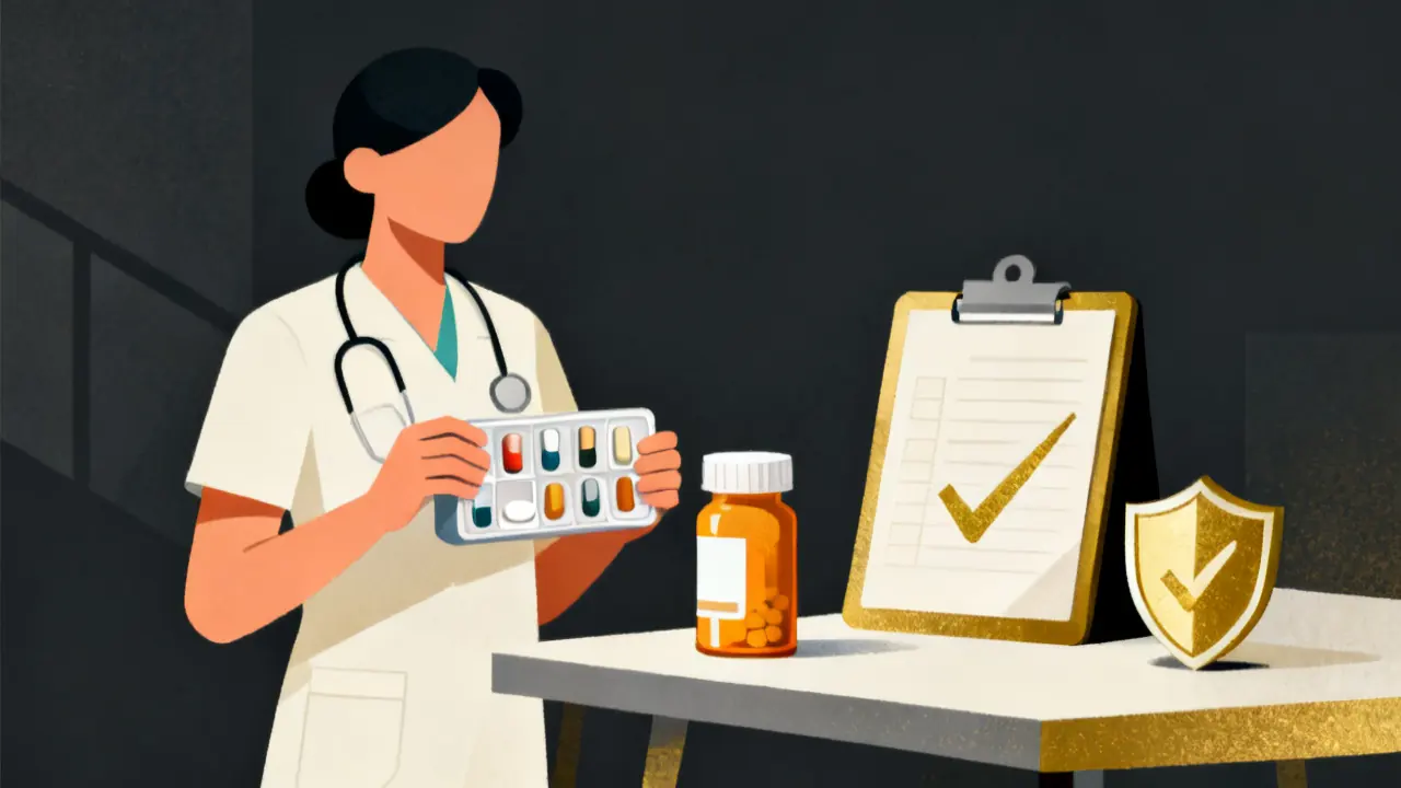 Illustration of a care worker with a pill box, a medicine bottle and a checklist, for medication training for care workers