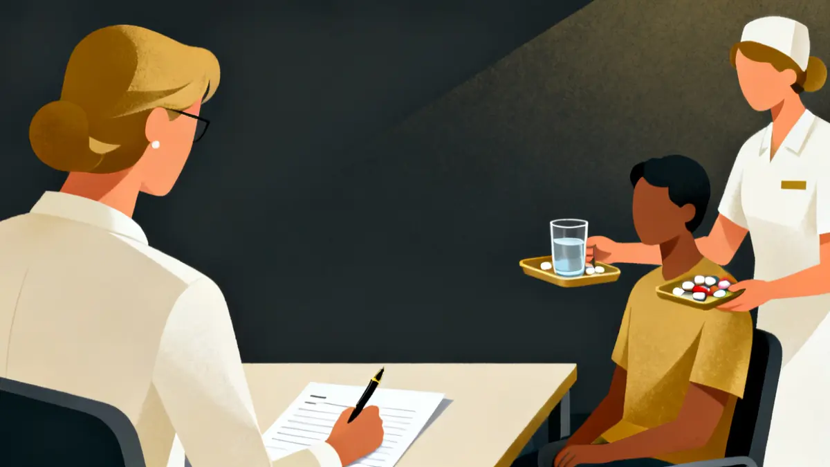 A supervisor watching a care worker give medicine and sign a form, a check in medication training for care workers