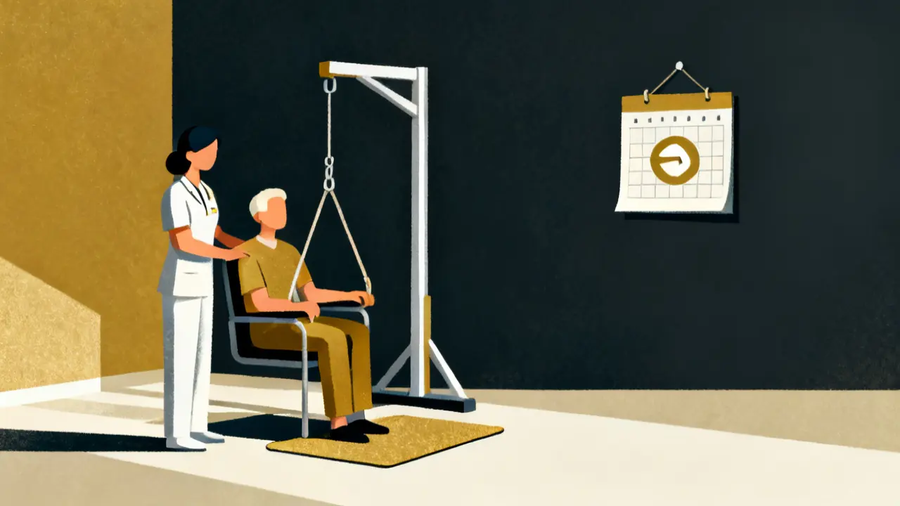 Illustration of a care worker, a hoist and a calendar, showing how often moving and handling training is needed