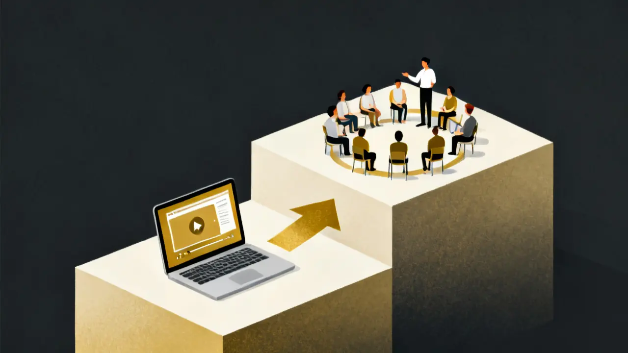 Illustration of two steps, a laptop lesson and a live session, showing oliver mcgowan training tier 2 above tier 1