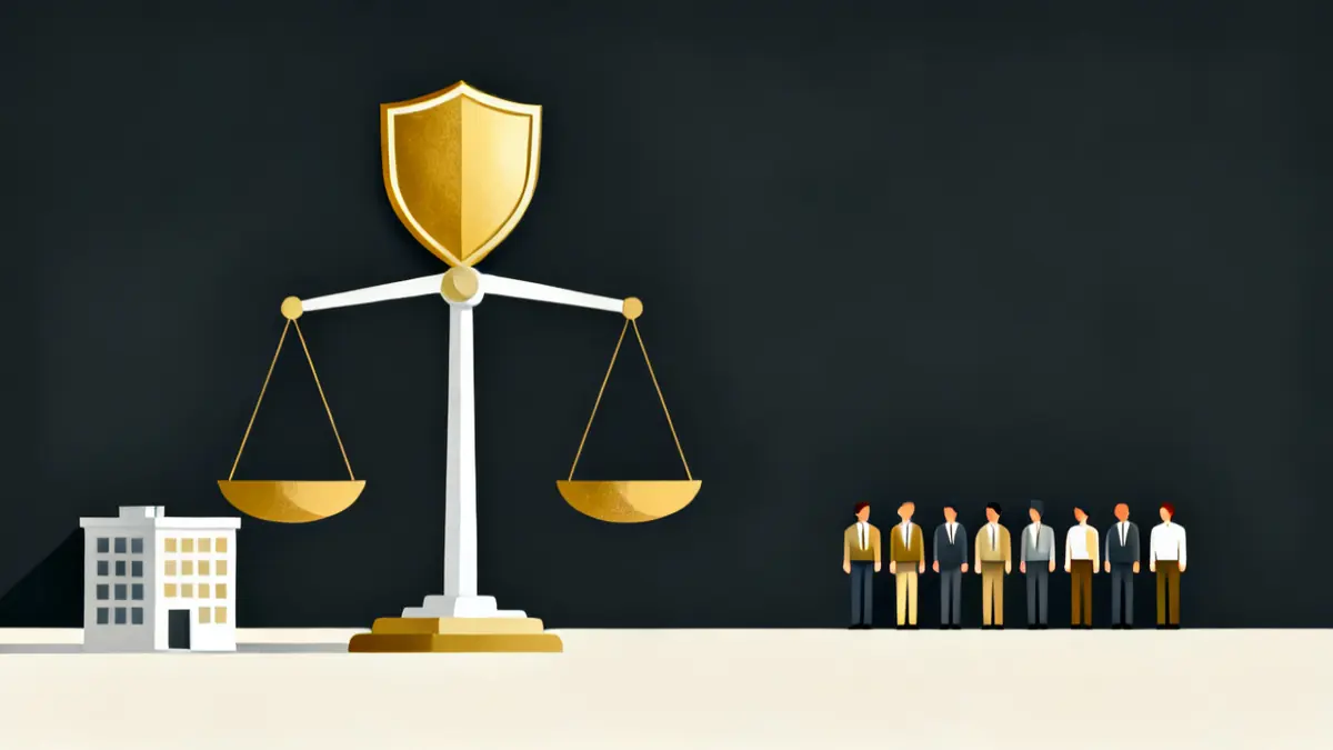 A balance scale beside an office and a row of staff, who carries the duty for oliver mcgowan training tier 2