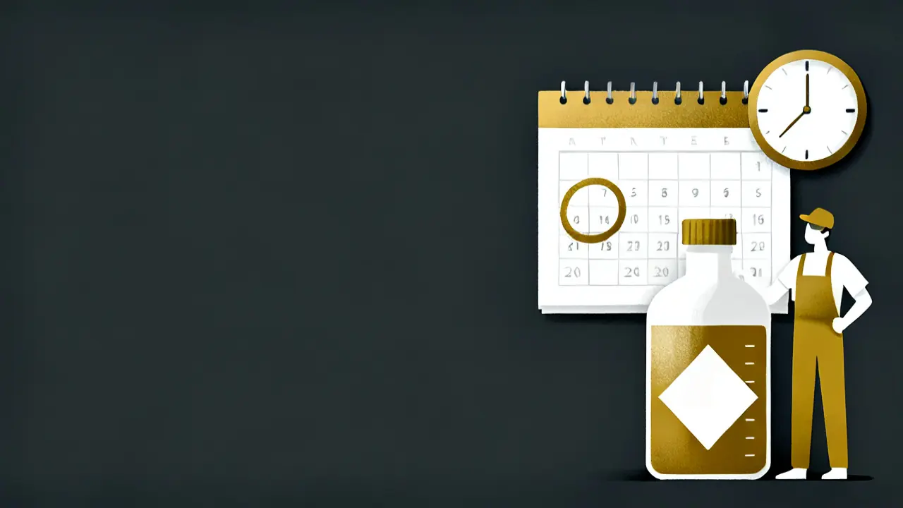 Illustration of a circled calendar date, a clock and a labeled bottle, for osha hazcom training before the deadline