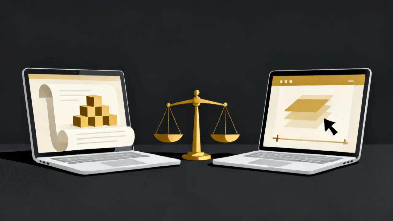 Illustration of two laptops, a block page and a slide canvas, to compare rise vs storyline for a course