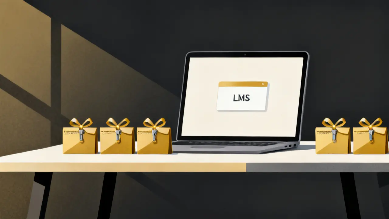 Illustration of small zip folders on a table in front of an LMS screen, each a sample scorm package to test