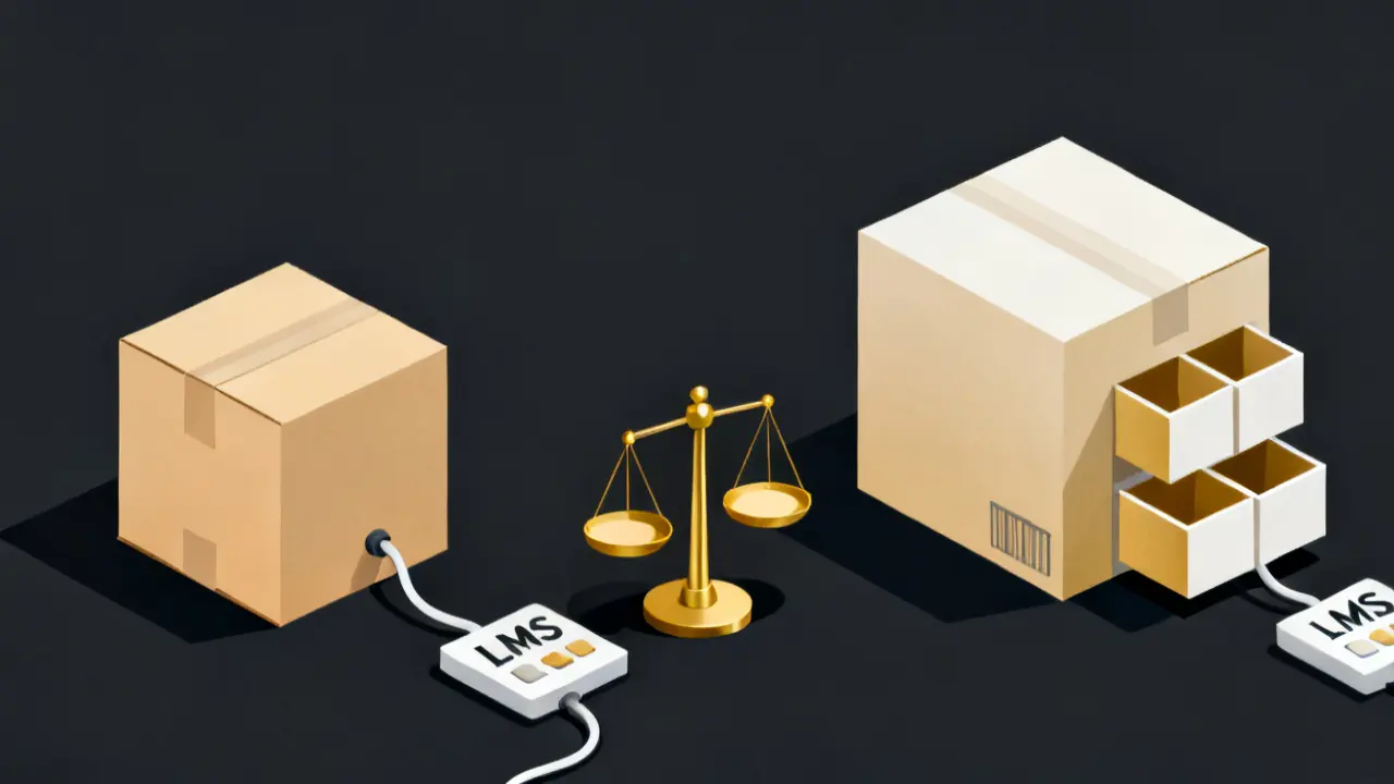 Illustration of one plain package and one with extra compartments, comparing scorm 1.2 vs 2004 for an LMS
