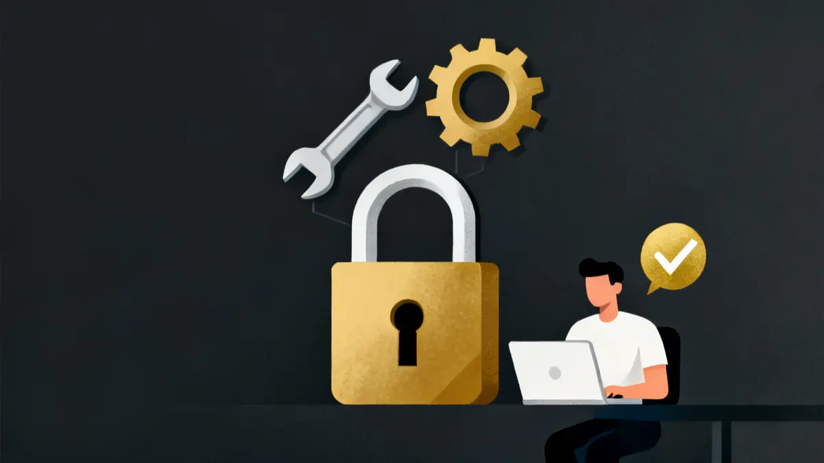 A wrench and gear over an open padlock beside an IT person, the fix when scorm not working in chrome is a block