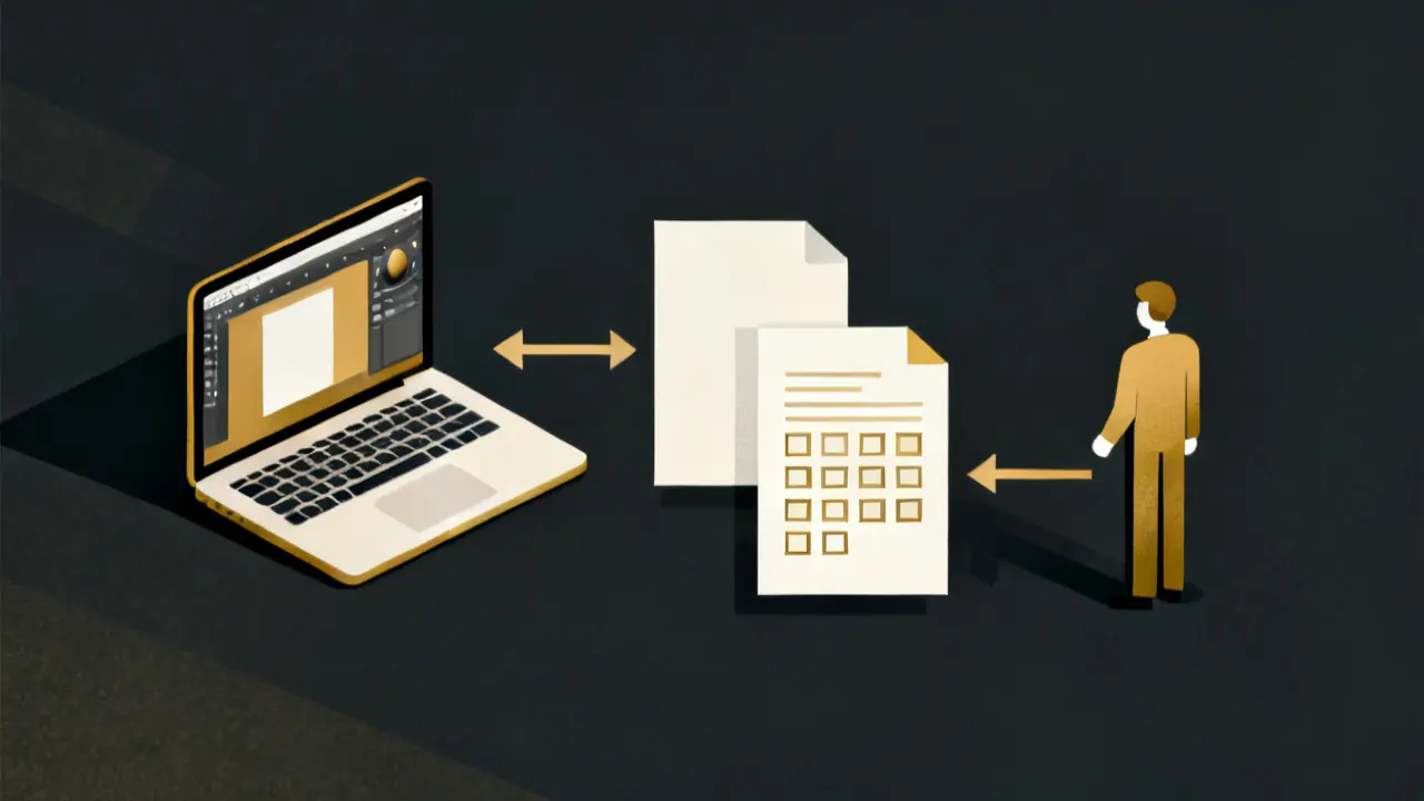 Illustration of a slide editor sending two file types to a translator, a storyline translation xliff or Word choice