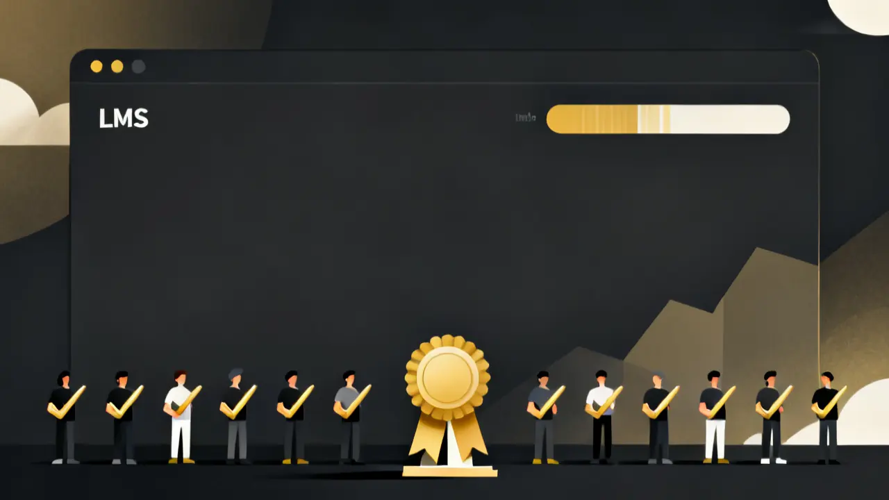 Illustration of an LMS dashboard with progress bars and learners with ticks, to track training completion