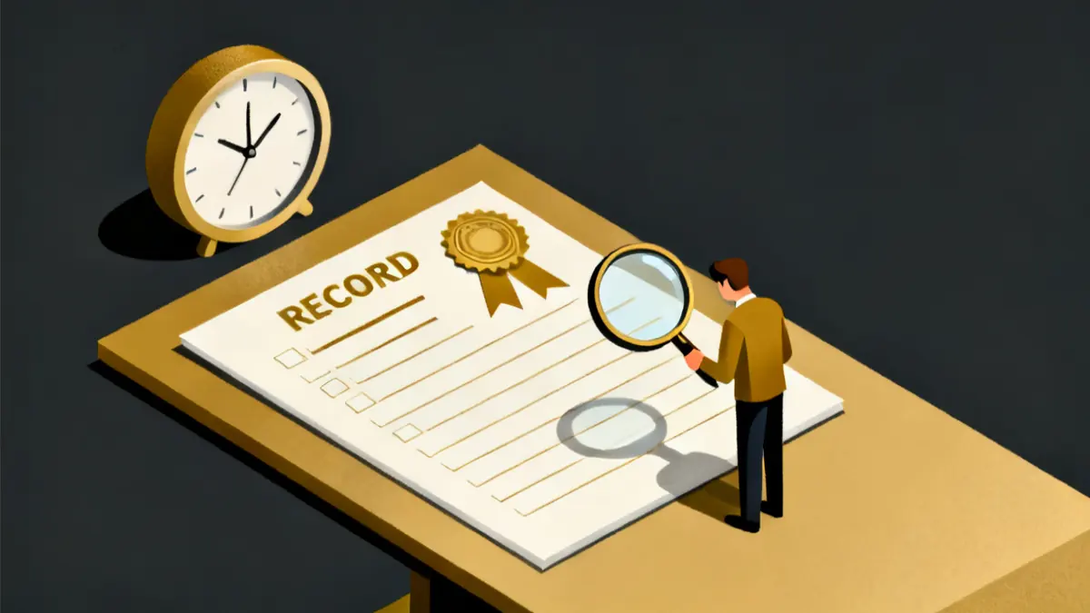 What a completion record should contain for an audit An auditor with a magnifying glass reading a stamped record card, proof when you track training completion for an audit