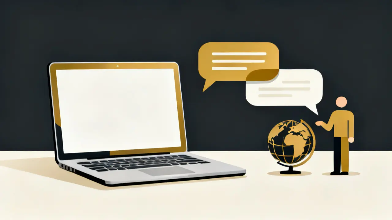 Illustration of a course on a laptop with speech bubbles changing language, to translate training into spanish