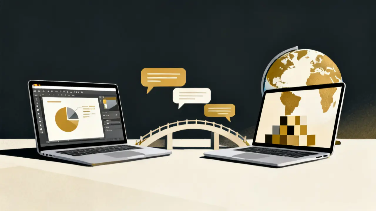 Illustration of two laptops linked by speech bubbles to a globe, showing how to translate storyline course files