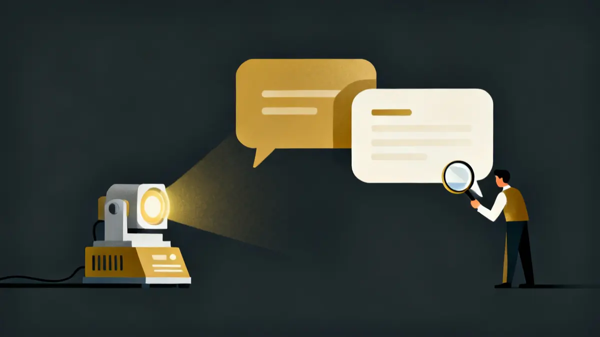 A small machine turning one speech bubble into another as a reviewer checks it, AI help to translate storyline course text