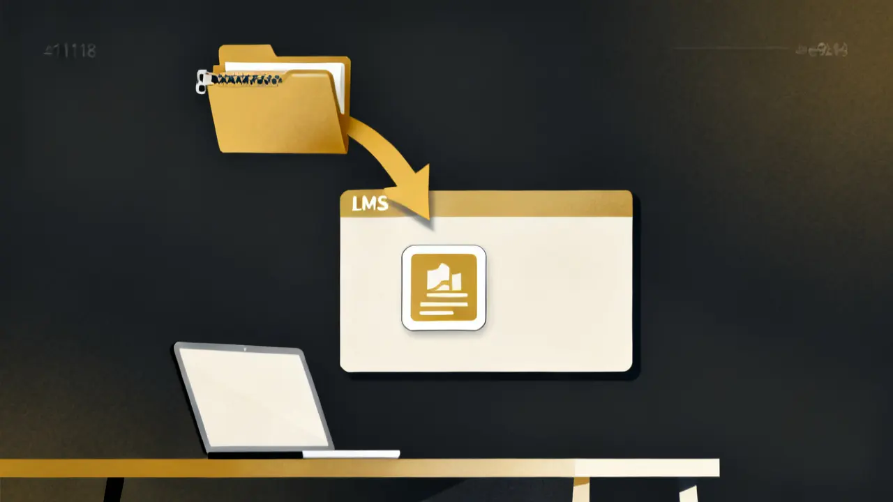 Illustration of how to upload a SCORM package to an LMS, a zip folder moving into a blank course panel