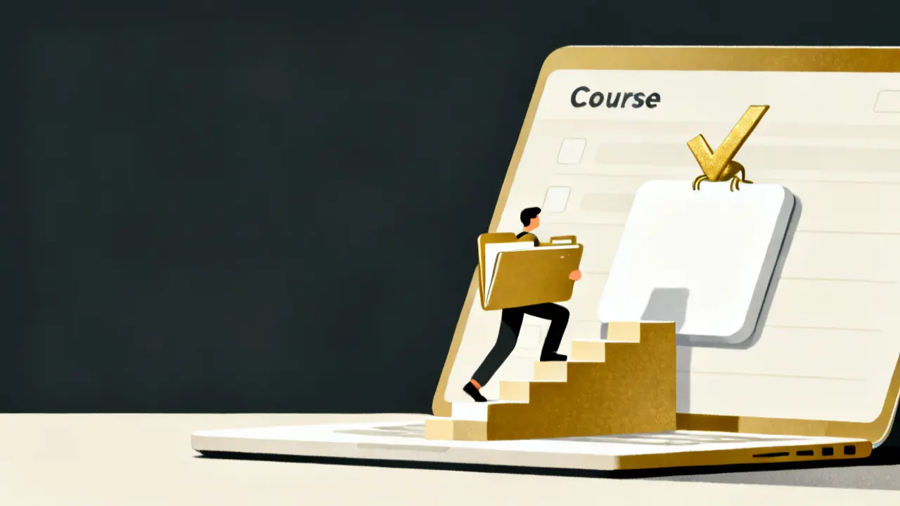 Illustration of a zip folder climbing steps into a unit tile on a laptop, a talentlms scorm upload