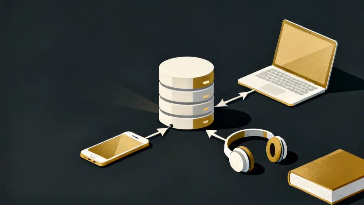 Where the learning data lives and what an LRS is Arrows from a phone, laptop, headset and book into a data store, where xapi vs scorm data lives in a record store